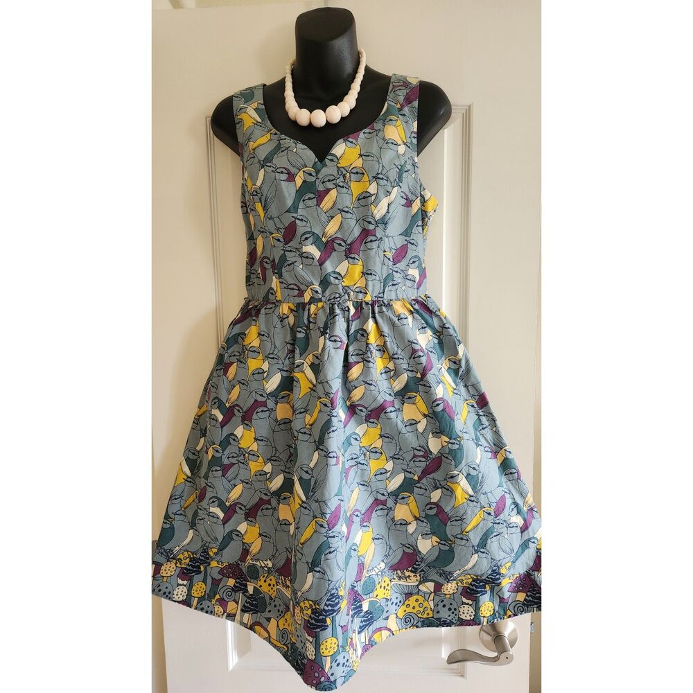 ModCloth Blue Bird-Print Midi Dress with Yellow & Purple Accents